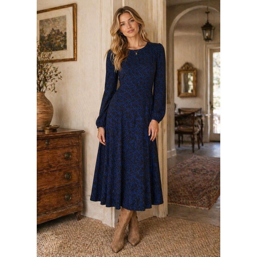 BODEN Women's Midi Dress US6 Blue Floral‎ Fit Flare Lenzing Ecovero D0780